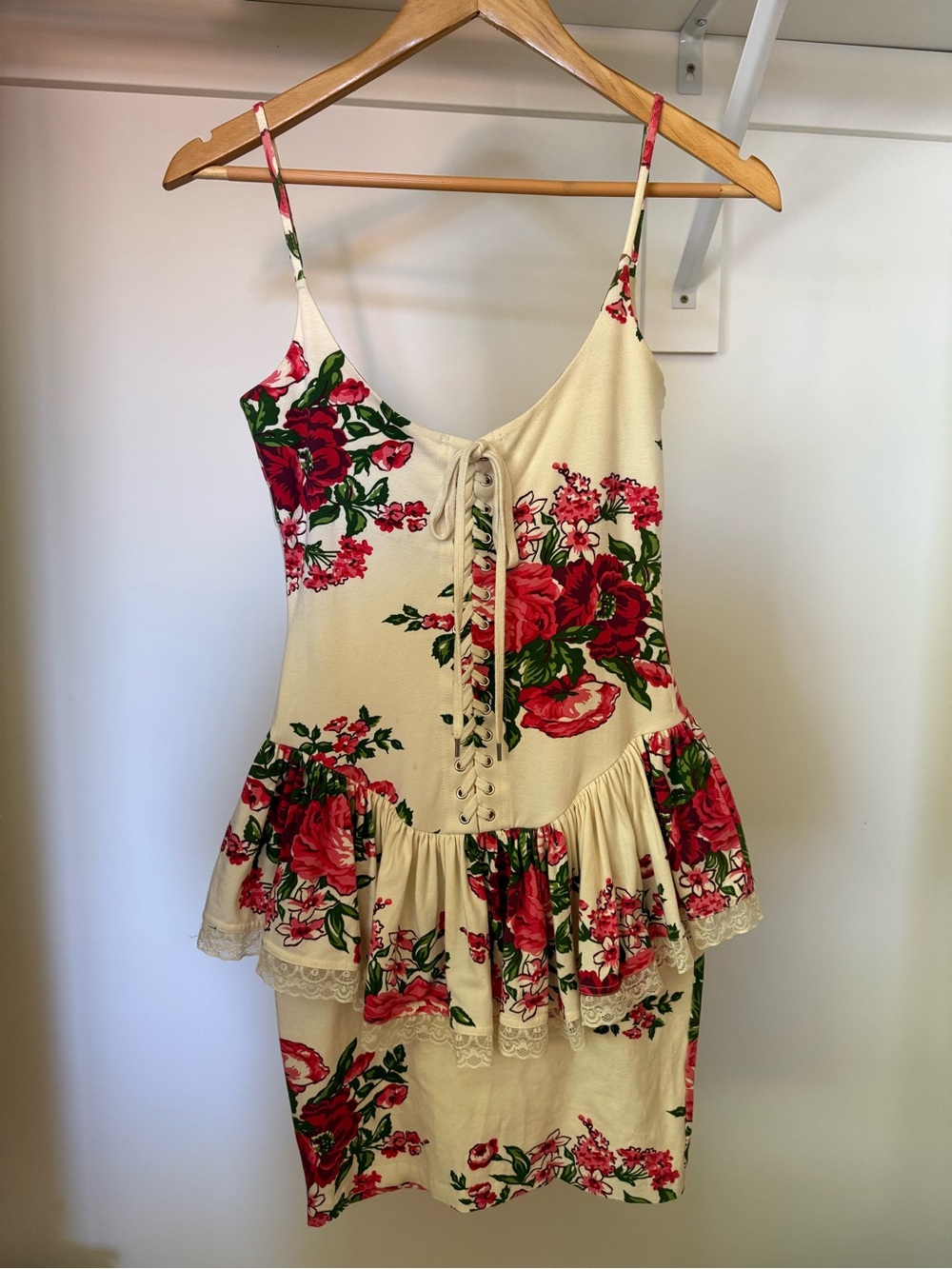 Vintage Betsey Johnson Floral Lace-Up Ivory & Red Mini Dress